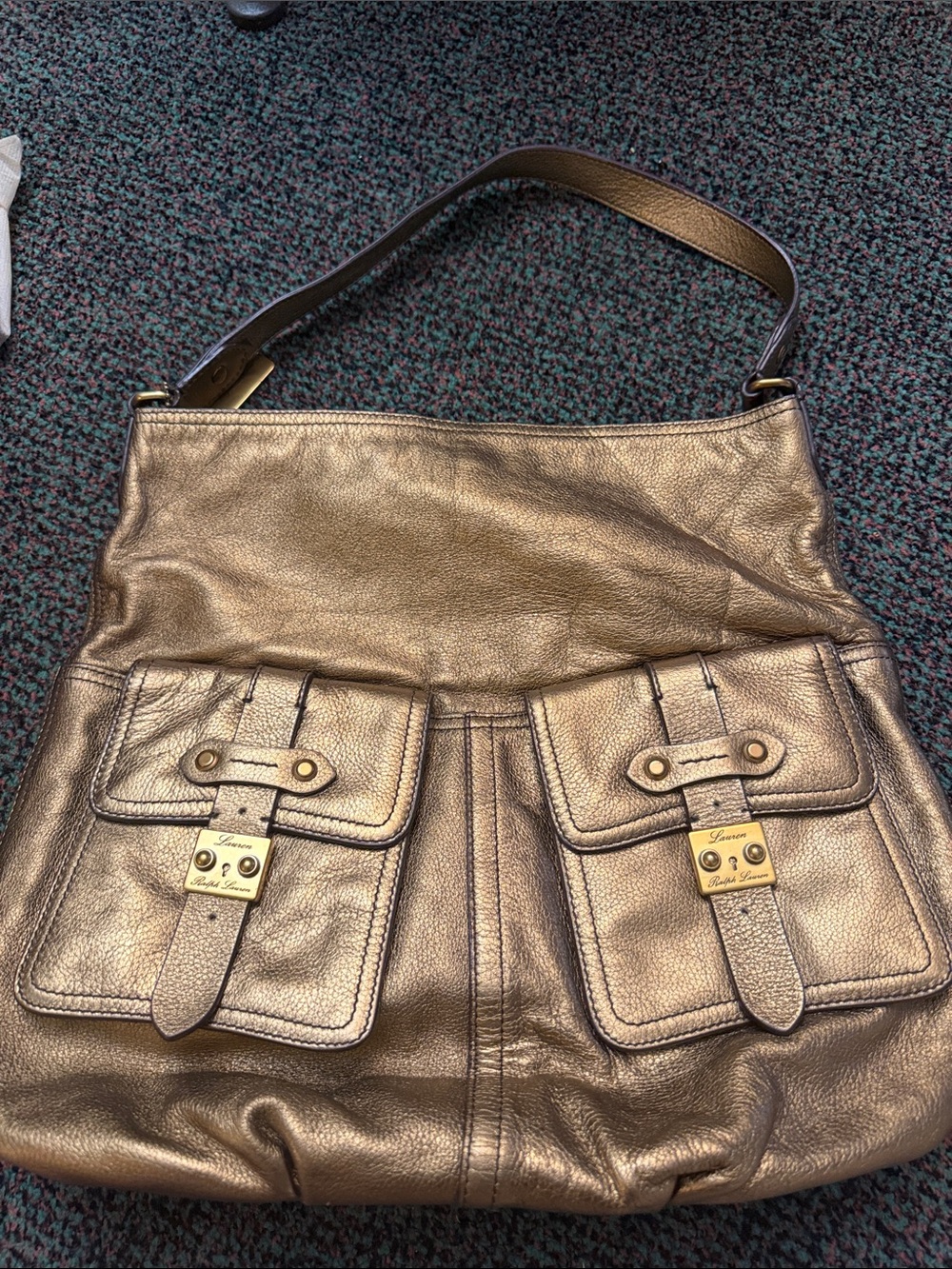 Ralph Lauren Metallic Gold Leather Shoulder Bag with Front Buckle Pockets